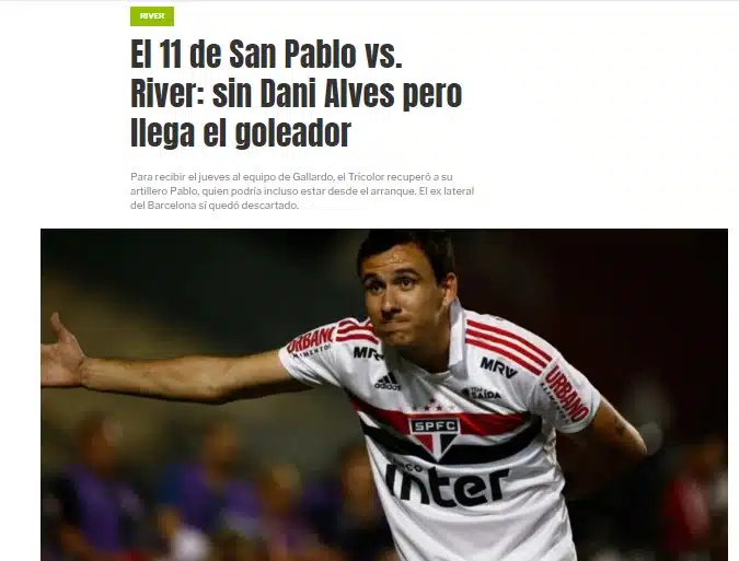 Diário Olé traz como destaque o retorno de Pablo à equipe do São Paulo