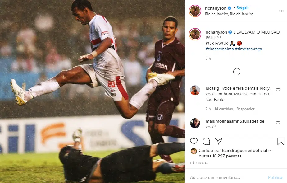 Richarlyson foi um dos ex-jogadores do São Paulo que se manifestaram após derrota para o Internacional