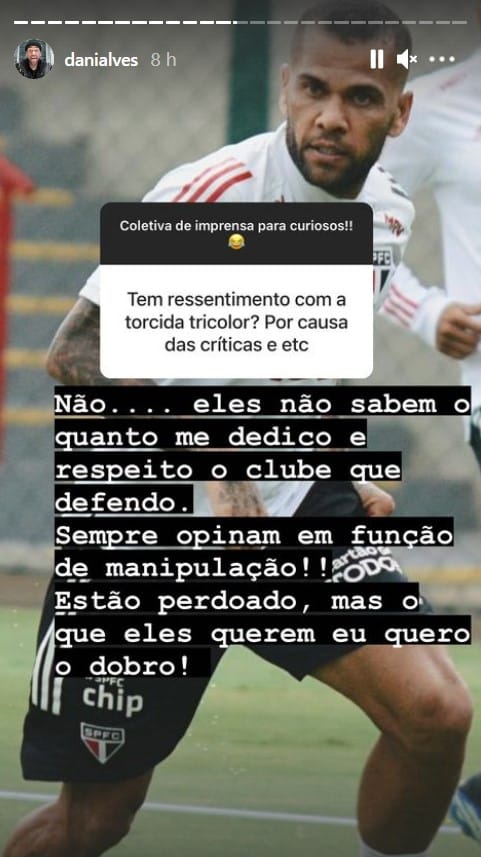 Daniel Alves respondeu se tem algum tipo de ressentimento com a torcida Tricolor