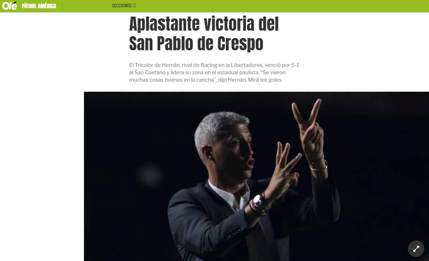 A goleada do São Paulo sobre o São Caetano ganhou destaque na imprensa argentina