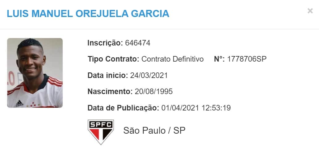 Orejuela é um dos reforços do São Paulo para a temporada 2021