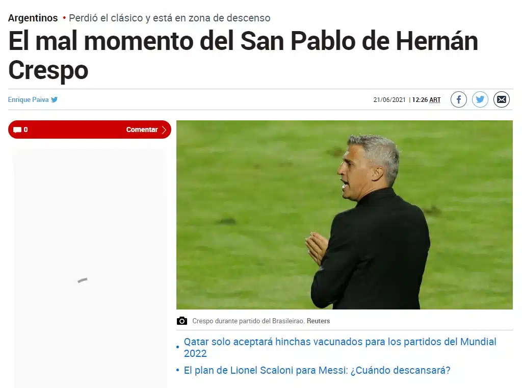 Mídia internacional repercute o atual momento do SPFC de Hernán Crespo
