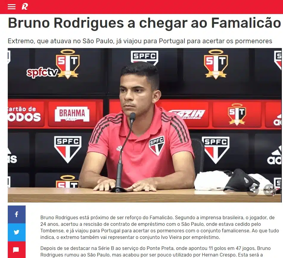 Jornais de Portugal destacam ida de Bruno Rodrigues do SPFC ao Famalicão