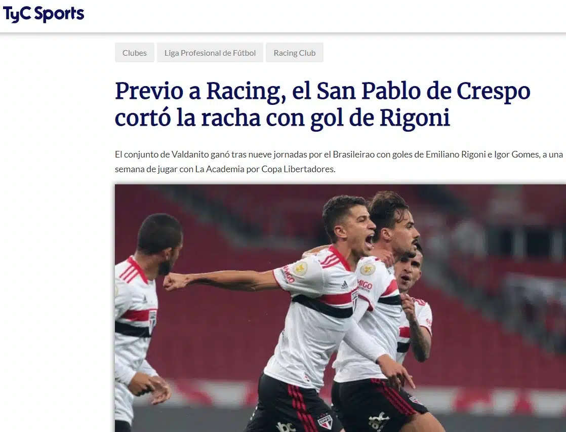Imprensa argentina destaca vitória do SPFC antes de enfrentar o Racing na Libertadores