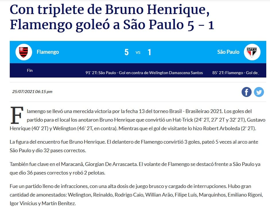 A goleada do Flamengo por 5x1 sobre o São Paulo ganhou repercussão na imprensa argentina