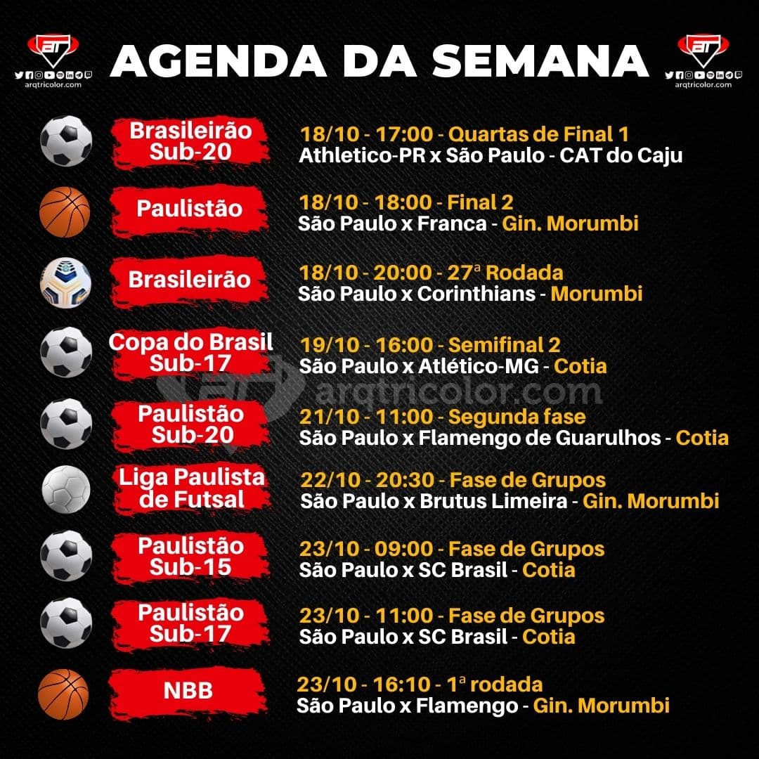 A agenda da semana dos jogos do São Paulo: de 18/10 a 23/10