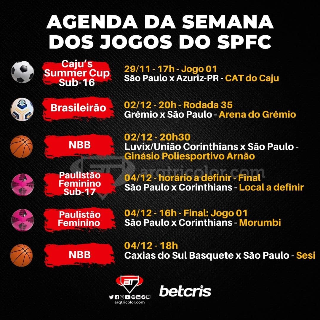 A agenda da semana dos jogos do São Paulo: de 29/11 a 05/12