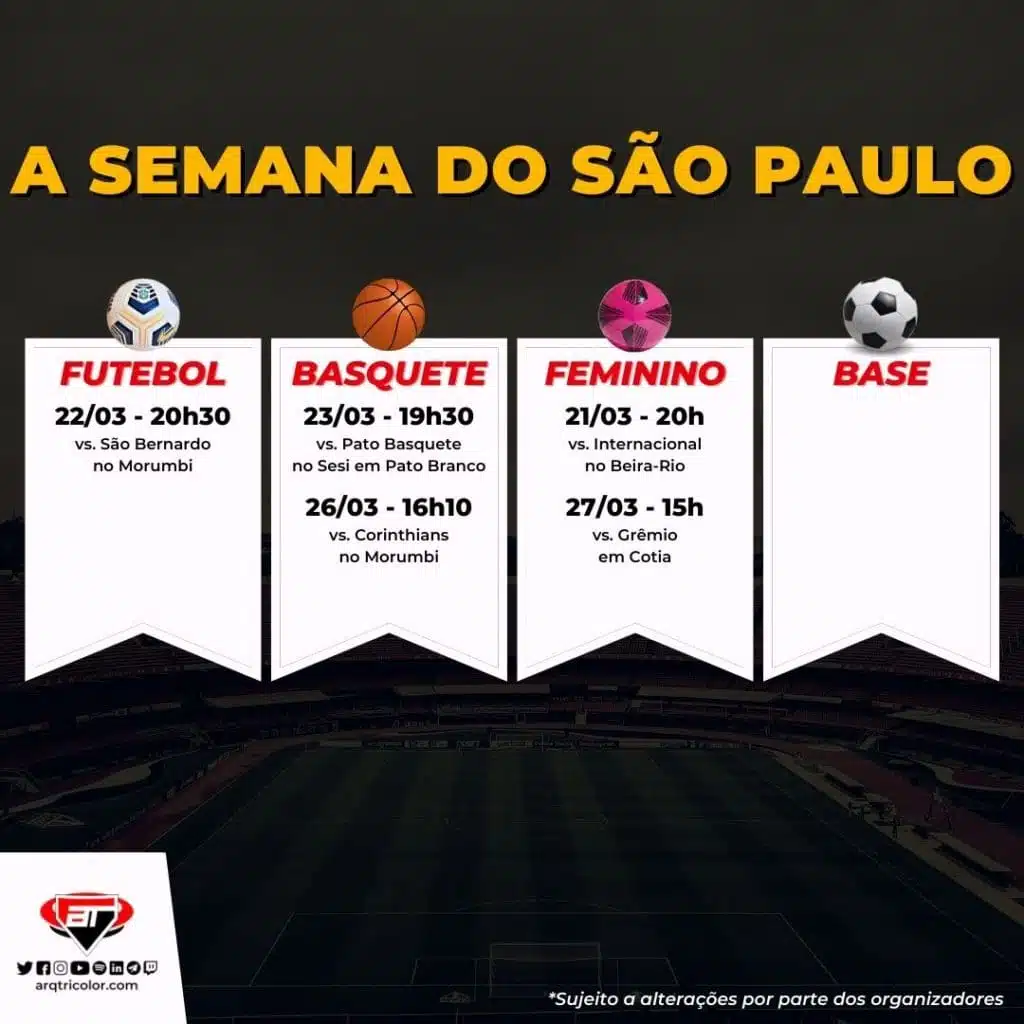 Jogos do São Paulo: Confira a agenda da semana (de 21/03 a 27/03)