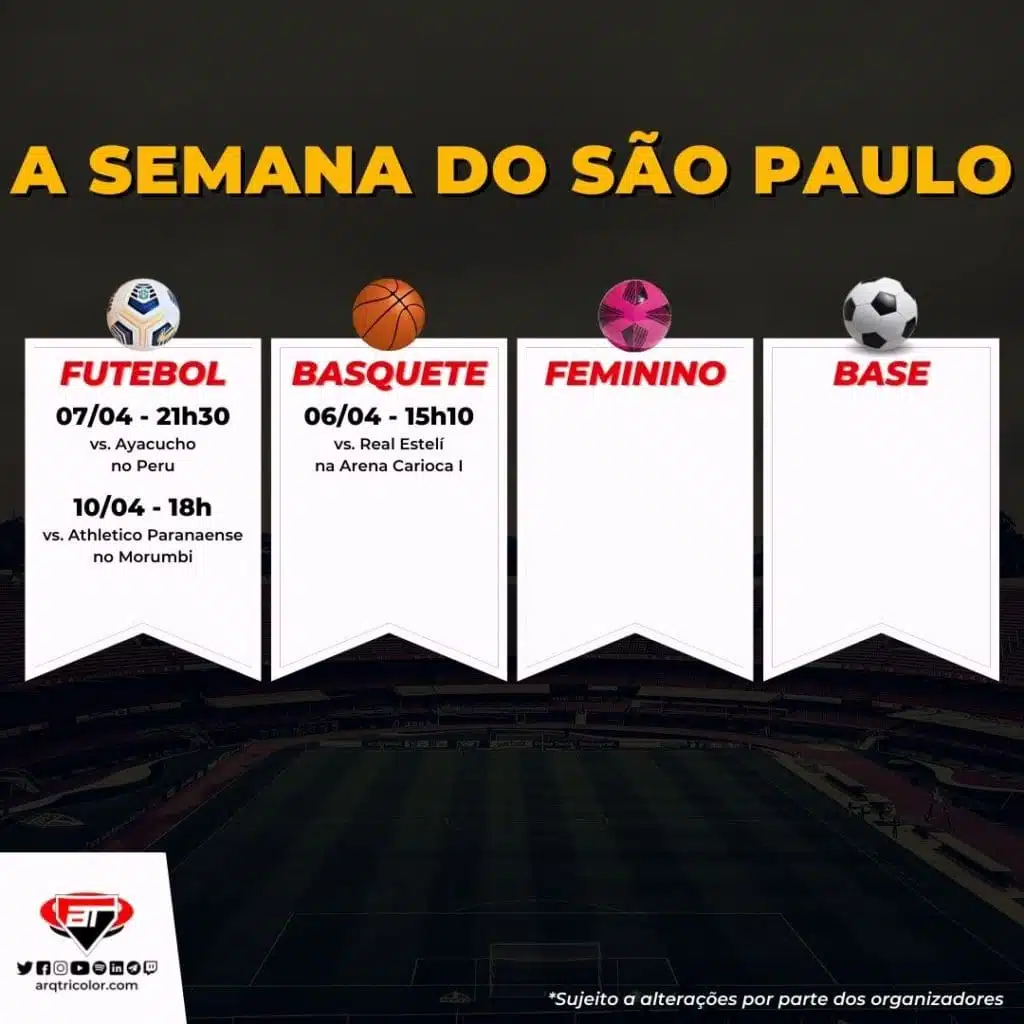 Jogos do São Paulo: Confira a agenda da semana (de 04/04 a 10/04)