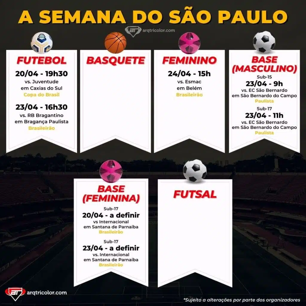 Jogos do São Paulo: Confira a agenda da semana (de 18/04 a 24/04)