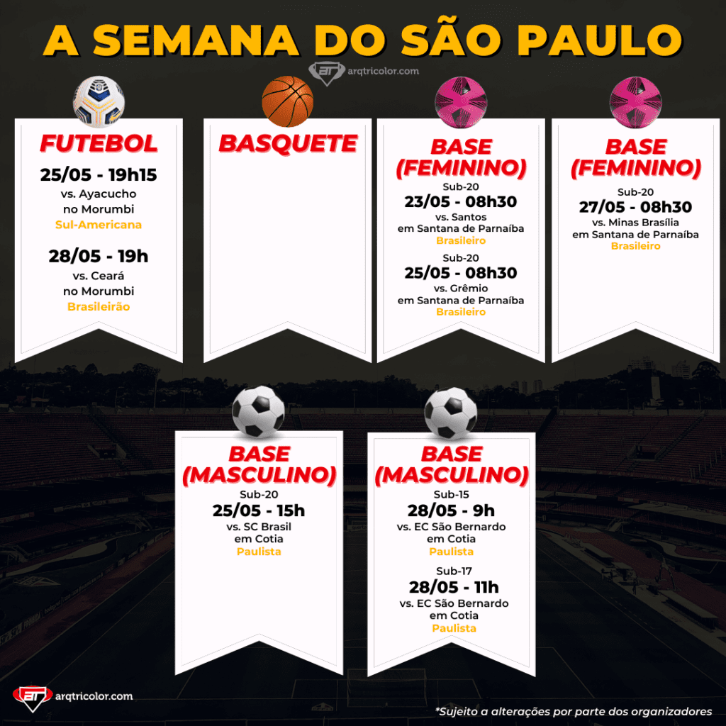 Jogos do São Paulo: Confira a agenda da semana (de 23/05 a 29/05)