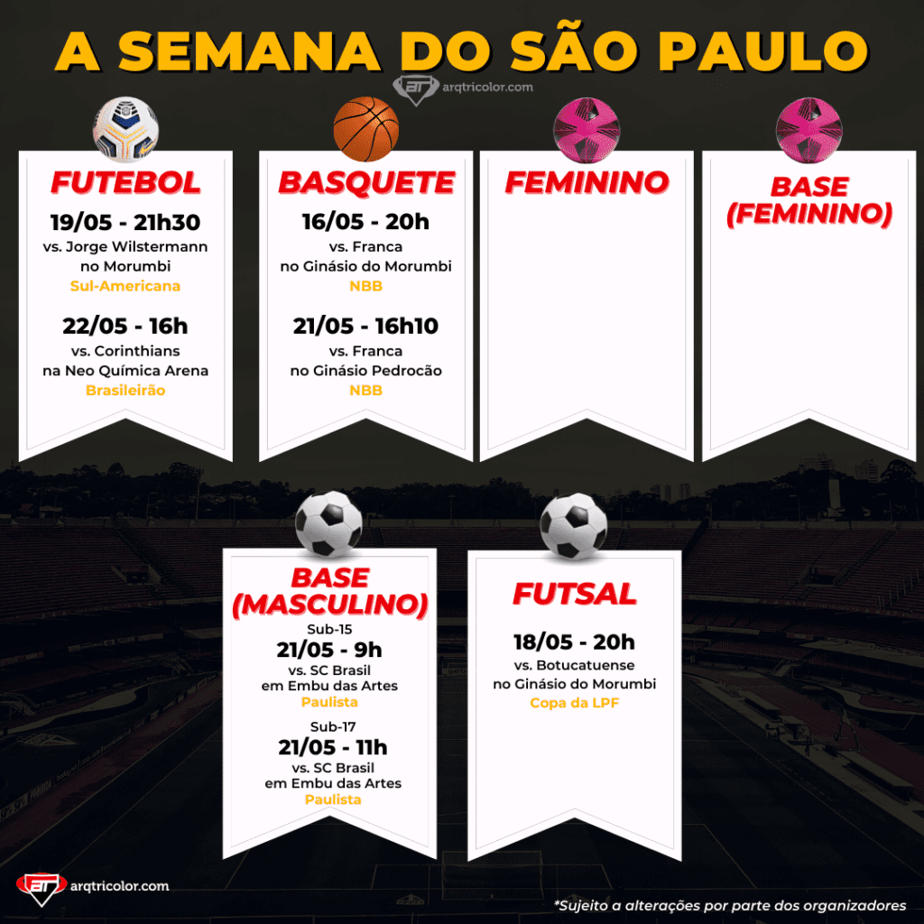 Jogos do São Paulo: Confira a agenda da semana (de 16/05 a 22/05)