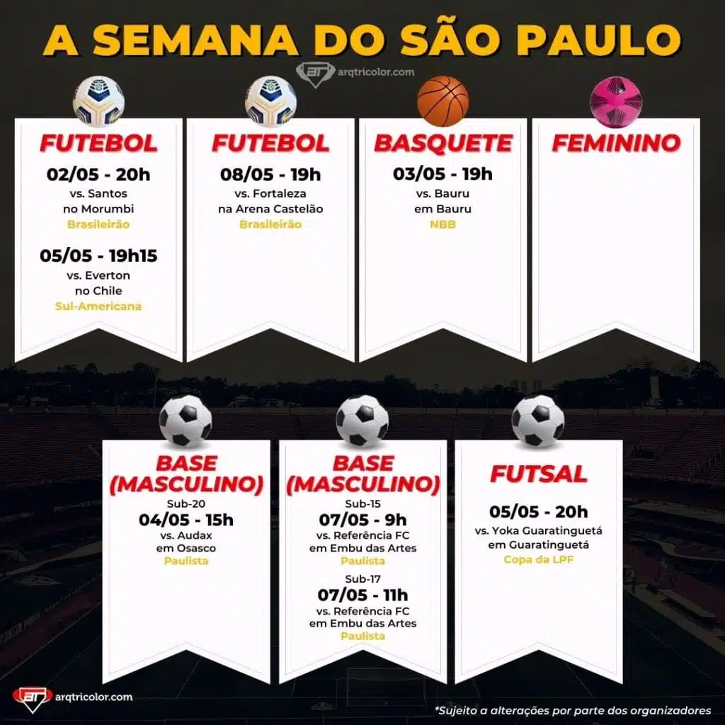 Jogos do São Paulo: Confira a agenda da semana (de 02/05 a 08/05)