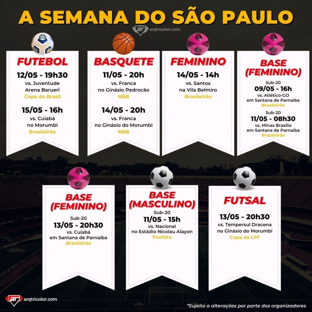Jogos do São Paulo: Confira a agenda da semana (de 09/05 a 15/05)
