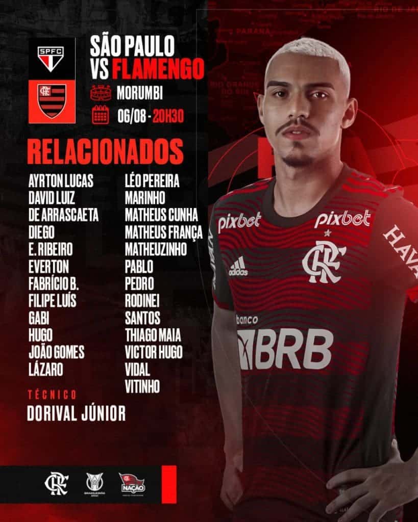 Veja a lista de relacionados do Flamengo para o jogo contra o São Paulo