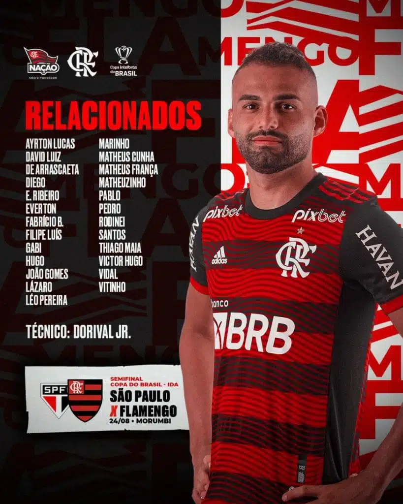 Flamengo divulga lista de relacionados para o jogo contra o São Paulo