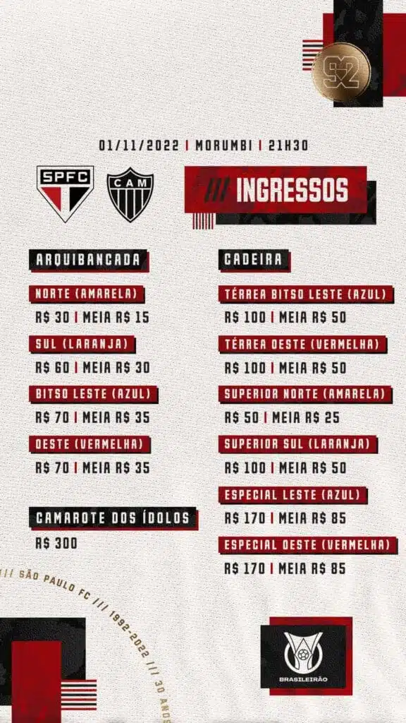 Público geral já pode adquirir ingressos para o jogo entre São Paulo x Atlético-MG no Morumbi