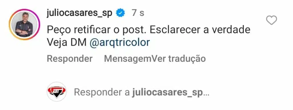 Julio Casares responde ao AT pelo Instagram