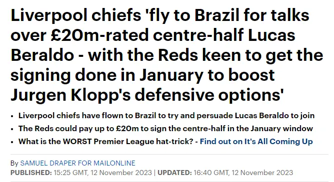 Jornal inglês Daily Mail destaca o interesse do Liverpool em Lucas Beraldo