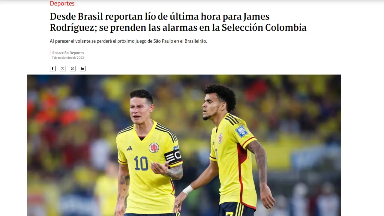 Jornal colombiano destaca ausência de James Rodríguez no São Paulo
